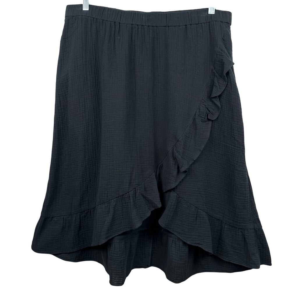 NEW J. Jill Midi Skirt Gauzy Cotton Ruffle Black XL Pull On Elastic Cottage Core